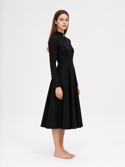 Black Button-Front Dress with Stand Collar for Cosplay