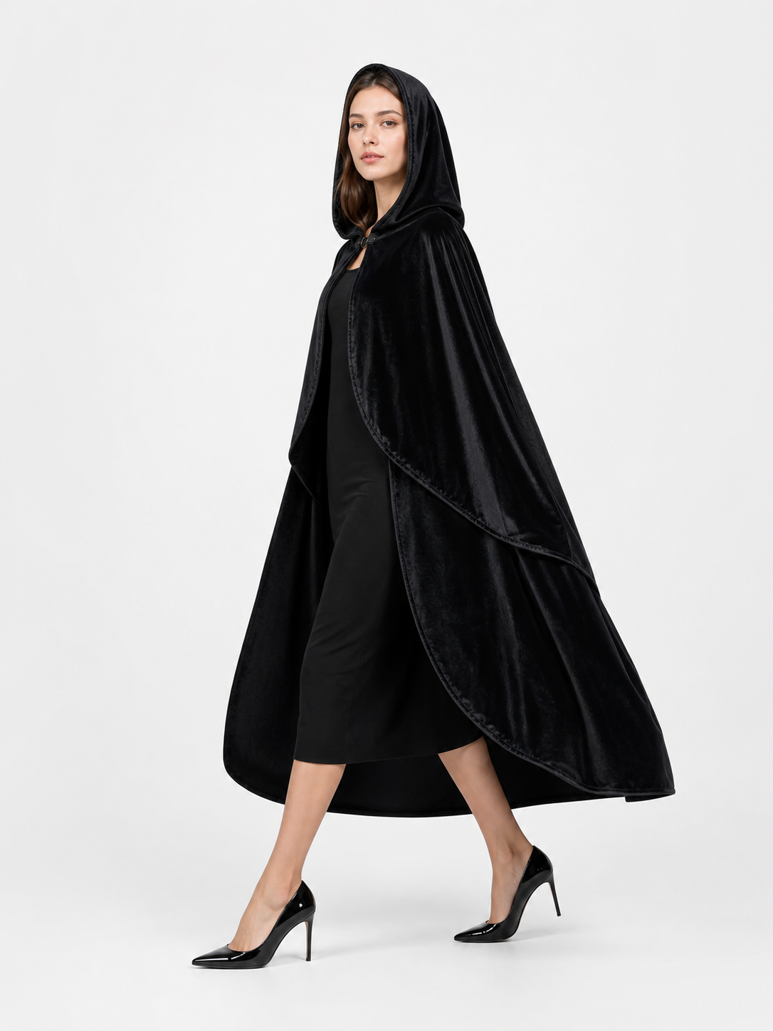 Black Hooded Carnival Cape, Flowing