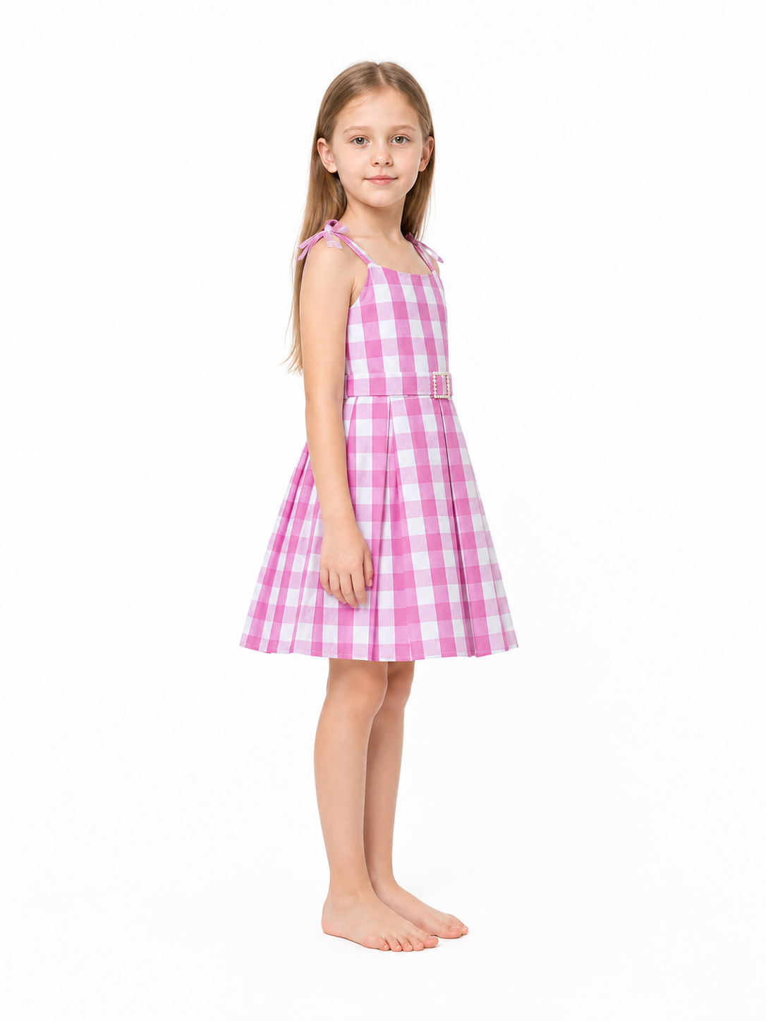 Barbie Pink and White Plaid High-Waisted Dress side view