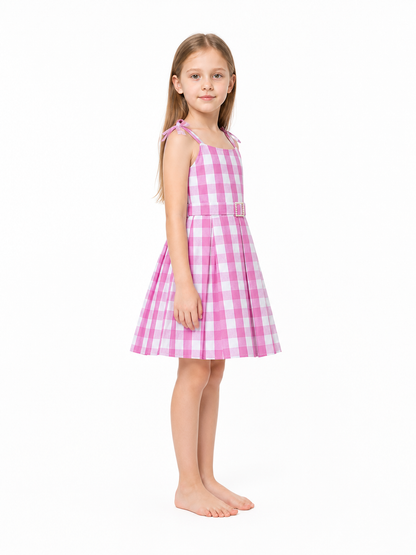 Barbie Pink and White Plaid High-Waisted Dress side view