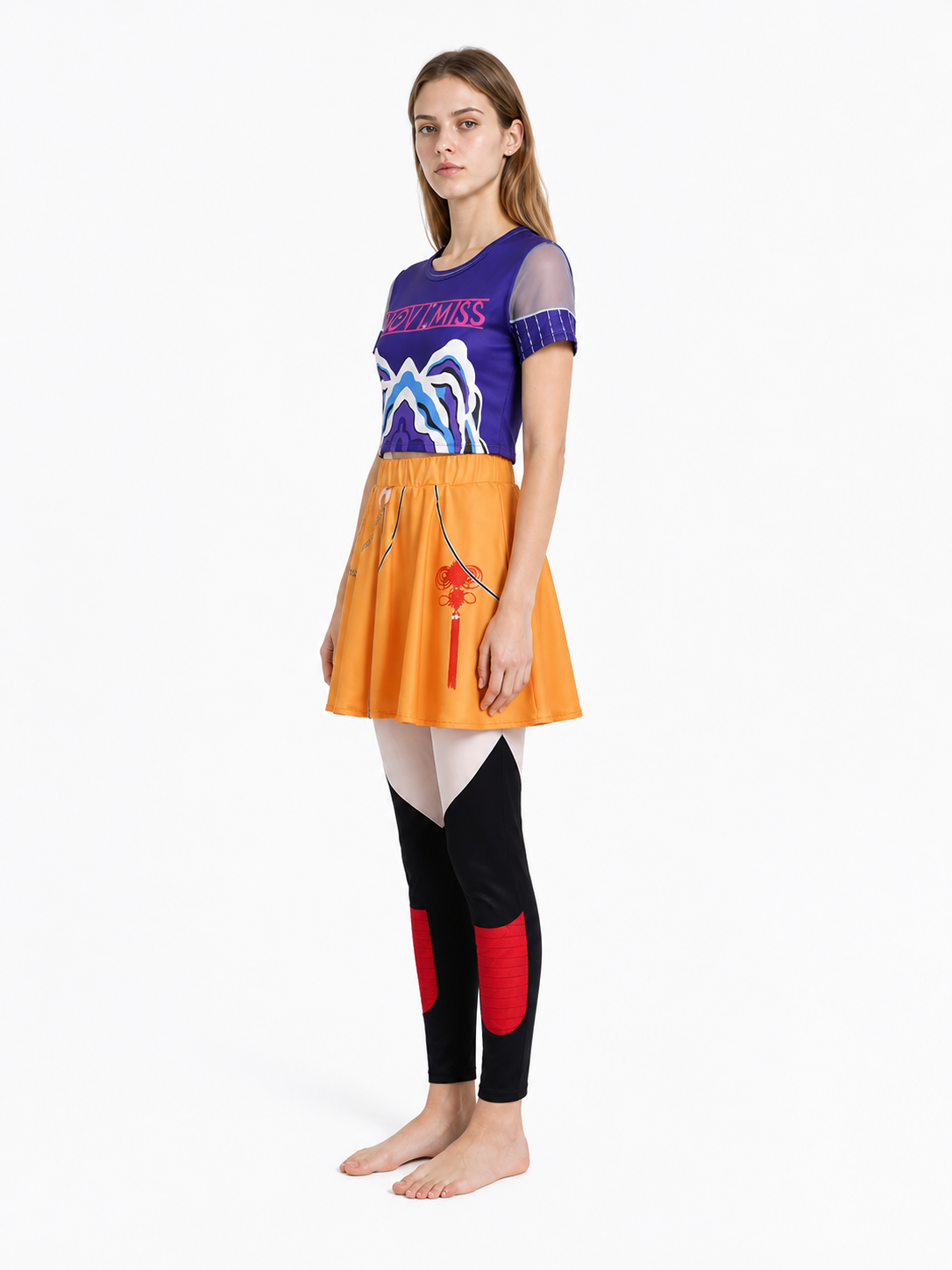 Children's cosplay costume, T-shirt, skirt, and pants side view