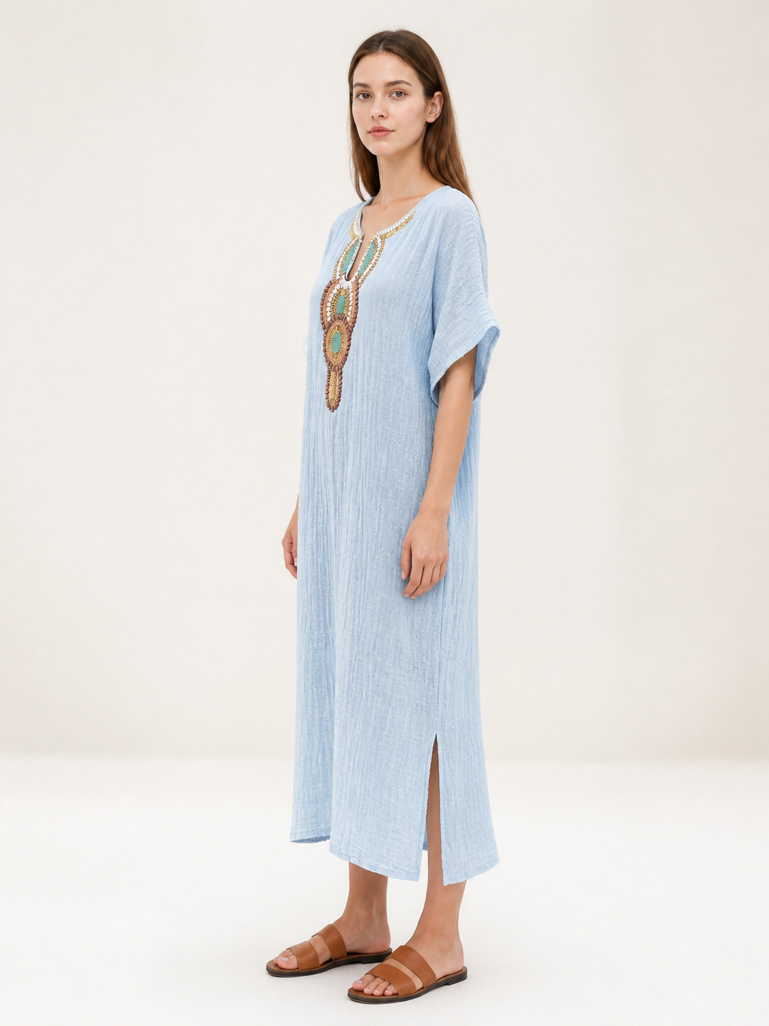 Loose-Fit Embroidered Midi Dress with Short Sleeves side view