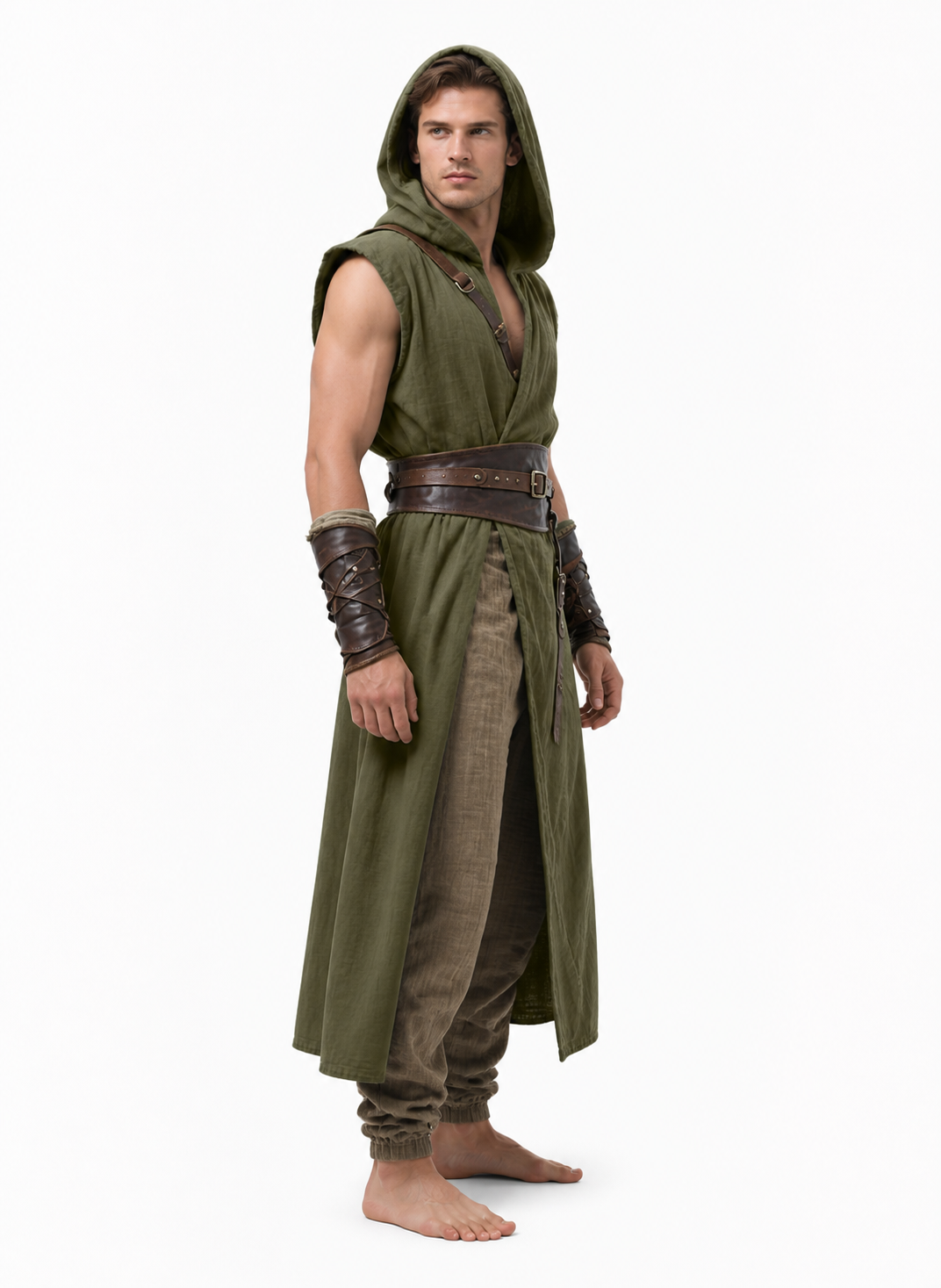Long Sleeveless Hooded Tunic, Olive side view