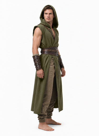 Long Sleeveless Hooded Tunic, Olive side view
