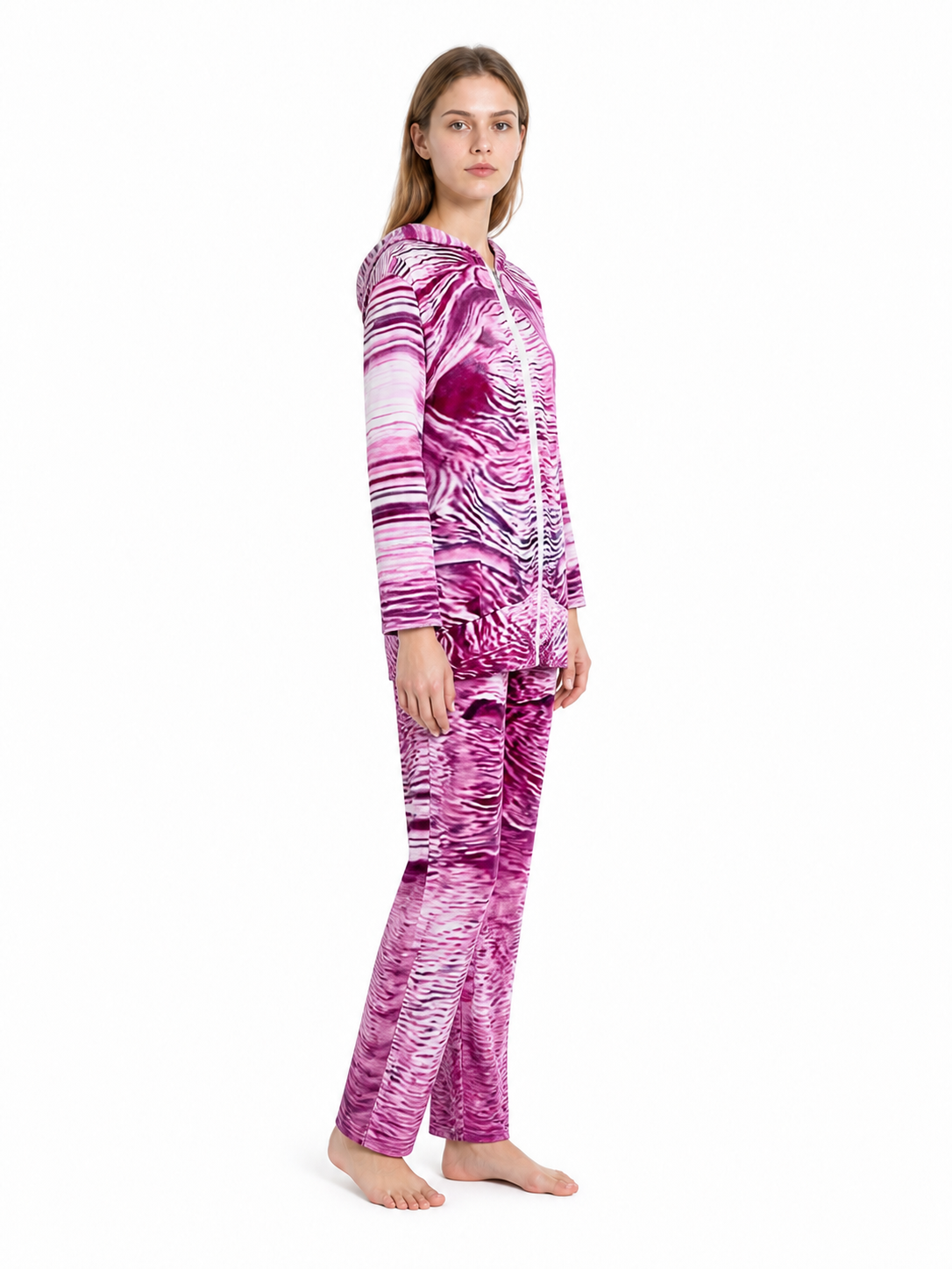 Hooded Jacket and Pants Costume with Pink, White, and Black Print side view