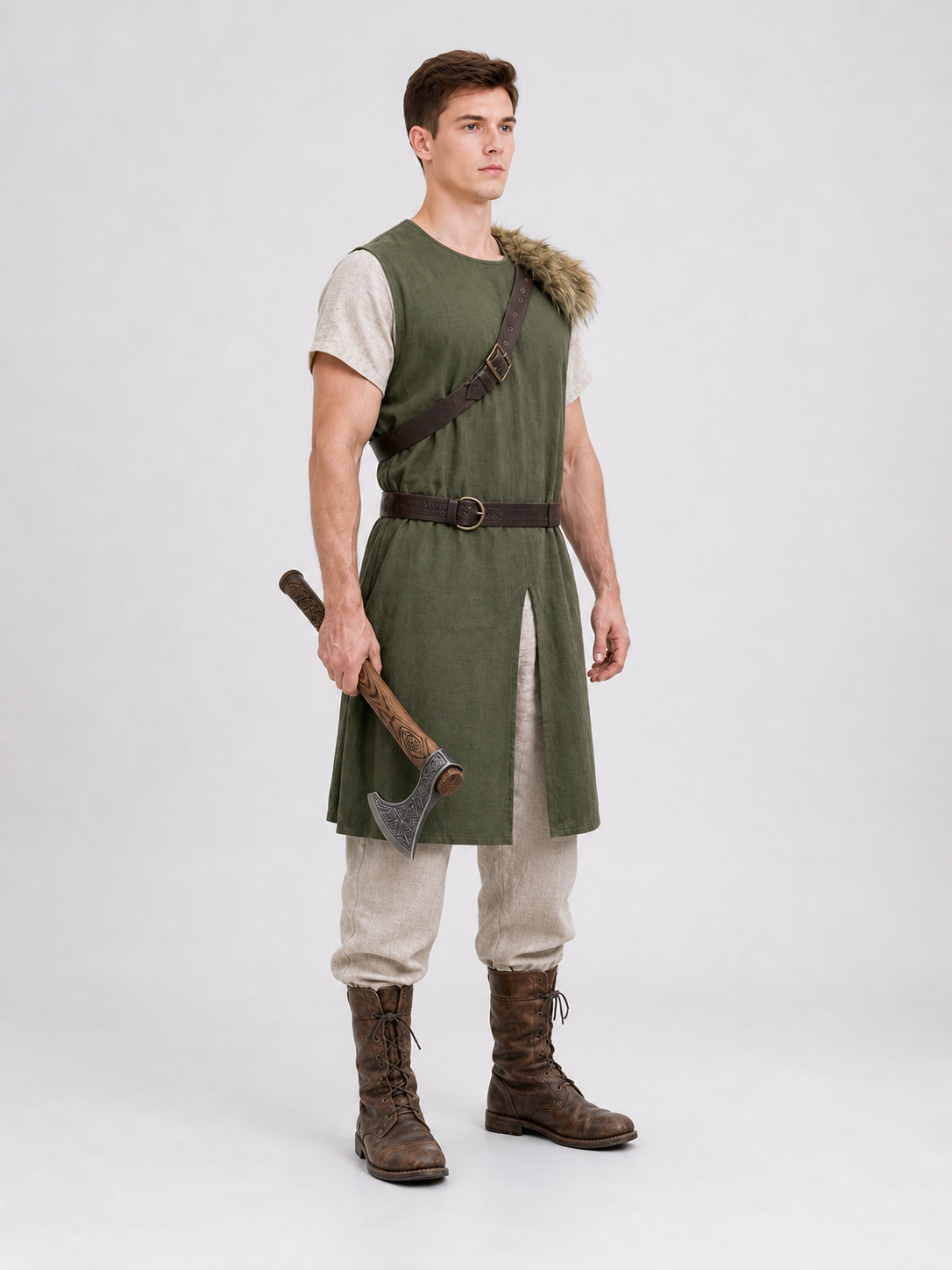 Sleeveless cotton and linen tunic with fur trim
