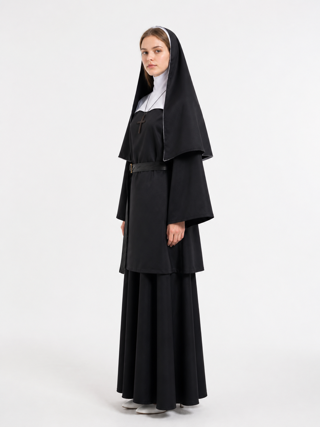 Black Costume with Cross and White Mask for Halloween side view