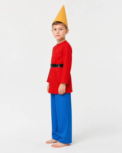 Gnome Costume with Red Jacket and Blue Pants side view