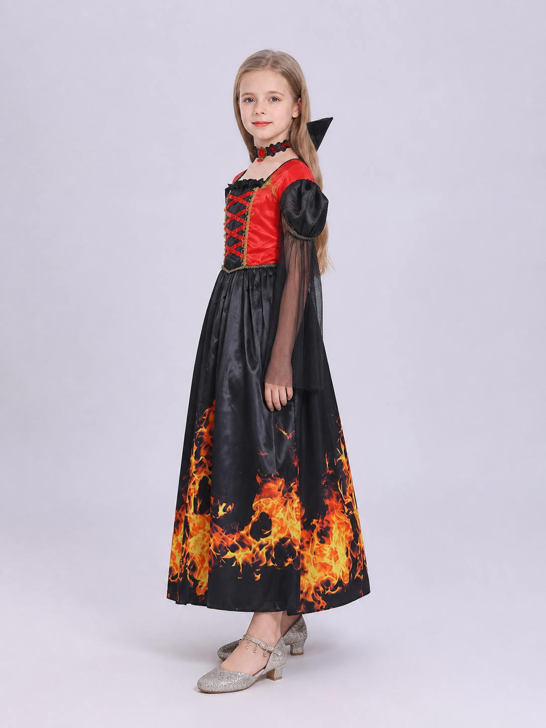 Halloween Dress with Flame Print and Puff Sleeves side view