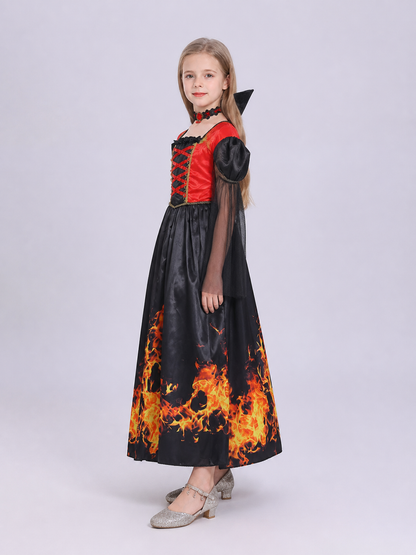 Halloween Dress with Flame Print and Puff Sleeves side view