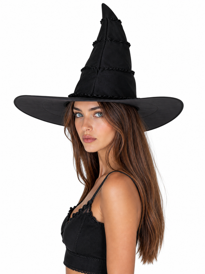 Black Halloween Witch Hat With Glossy Surface, Tall Pointed Crown And Wide Floppy Brim For Witch Cosplay Costume Party Accessory