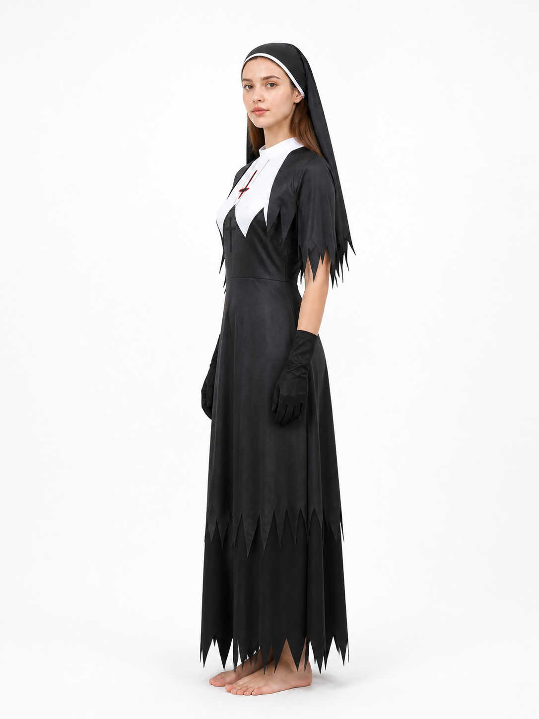 Ritual Hooded Robe with Cross and Gloves side view