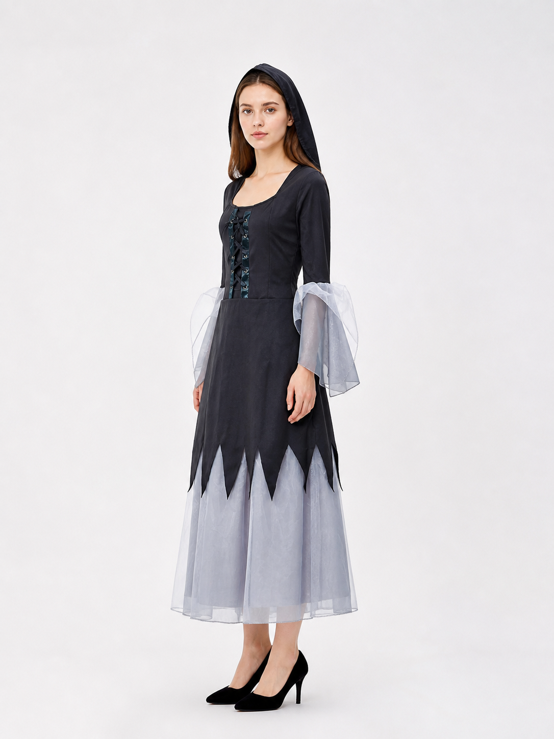 Halloween Dress with a Tattered Hem and Hood side view