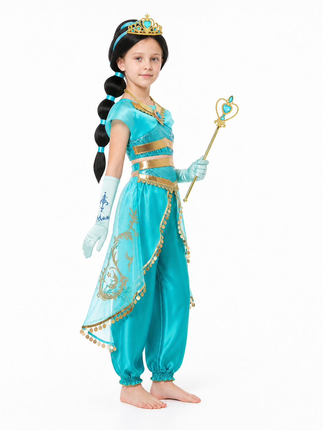Jasmine Carnival Costume from Aladdin with Crown and Wig side view