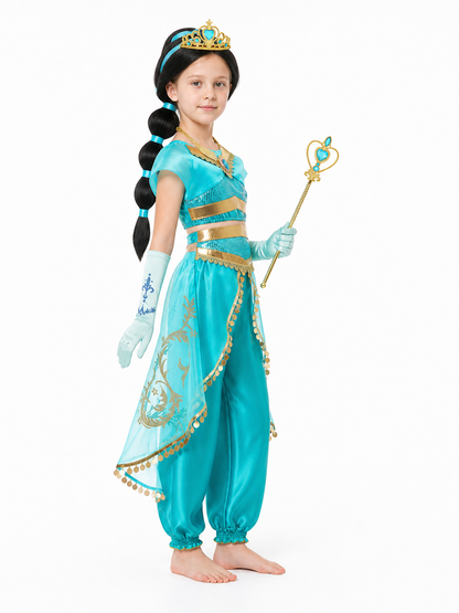 Jasmine Carnival Costume from Aladdin with Crown and Wig side view