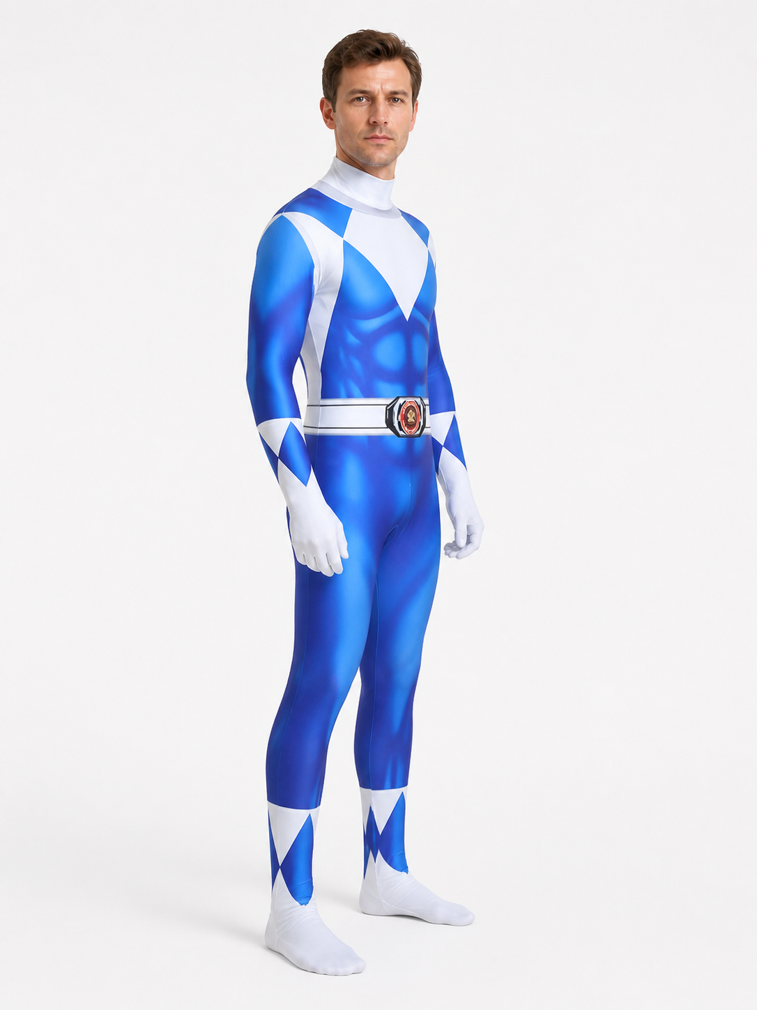 Superhero jumpsuit with mask and belt for cosplay side view