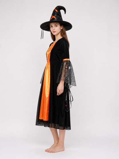 Halloween Costume with Dress, Hat, and Spiderweb Accessory side view