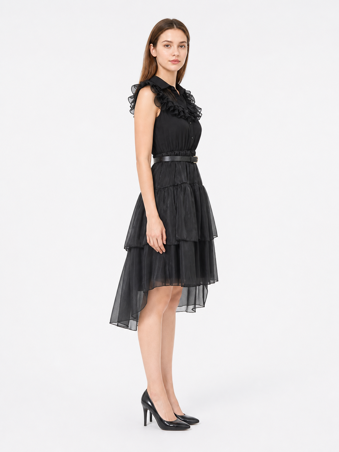 Black Dress with Tiered Skirt and Ruffles side view