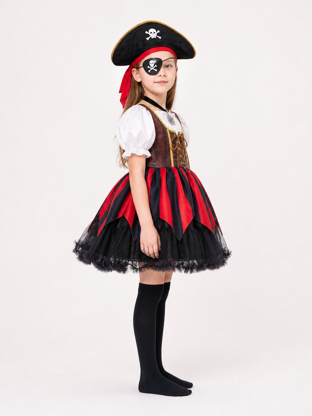 Children's Pirate Costume with Striped Dress and Corset side view