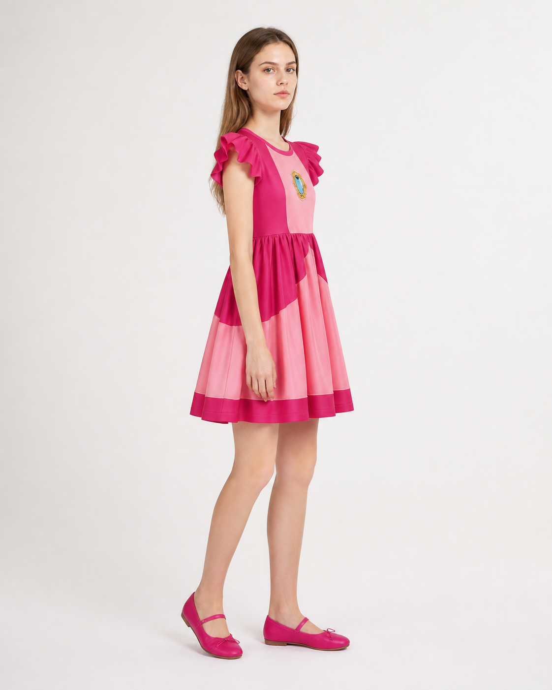 Pink Cosplay Dress with Ruffles and Flared Skirt side view