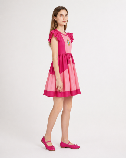 Pink Cosplay Dress with Ruffles and Flared Skirt side view