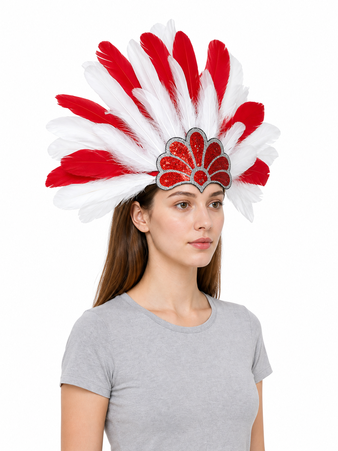 Carnival headpiece with red and white feathers