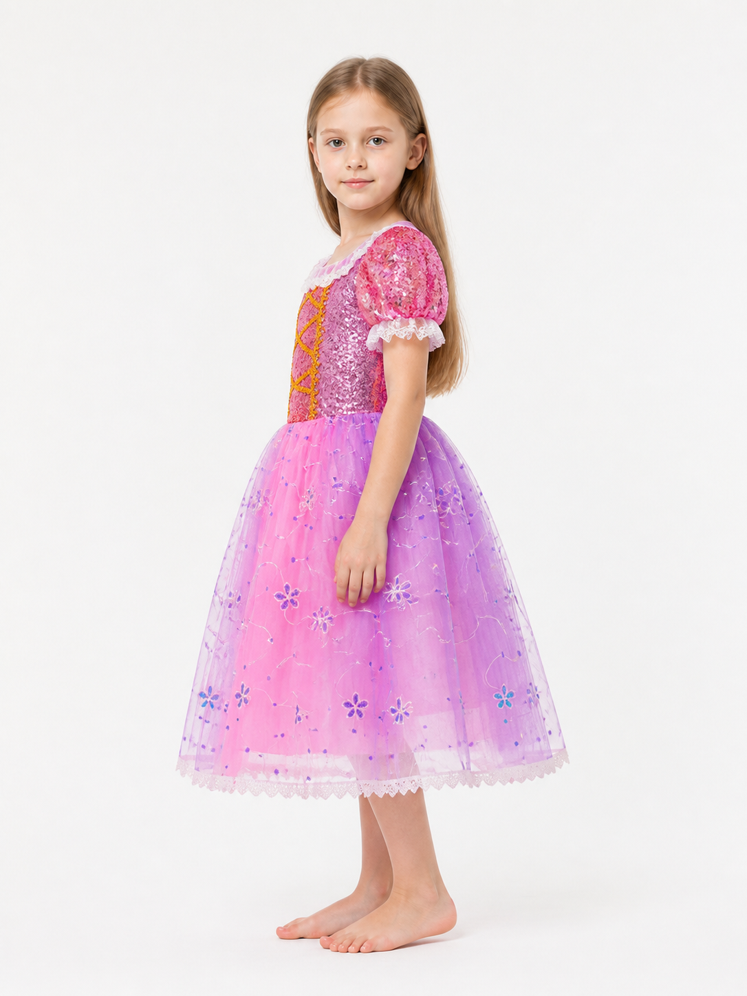 Girls’ Dress with Sequins, a Full Skirt, and Flowers side view