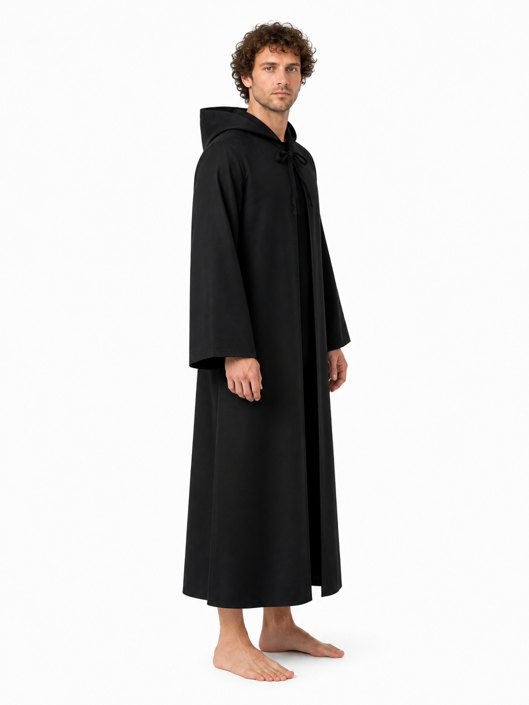 Long, Loose Black Robe with Hood side view