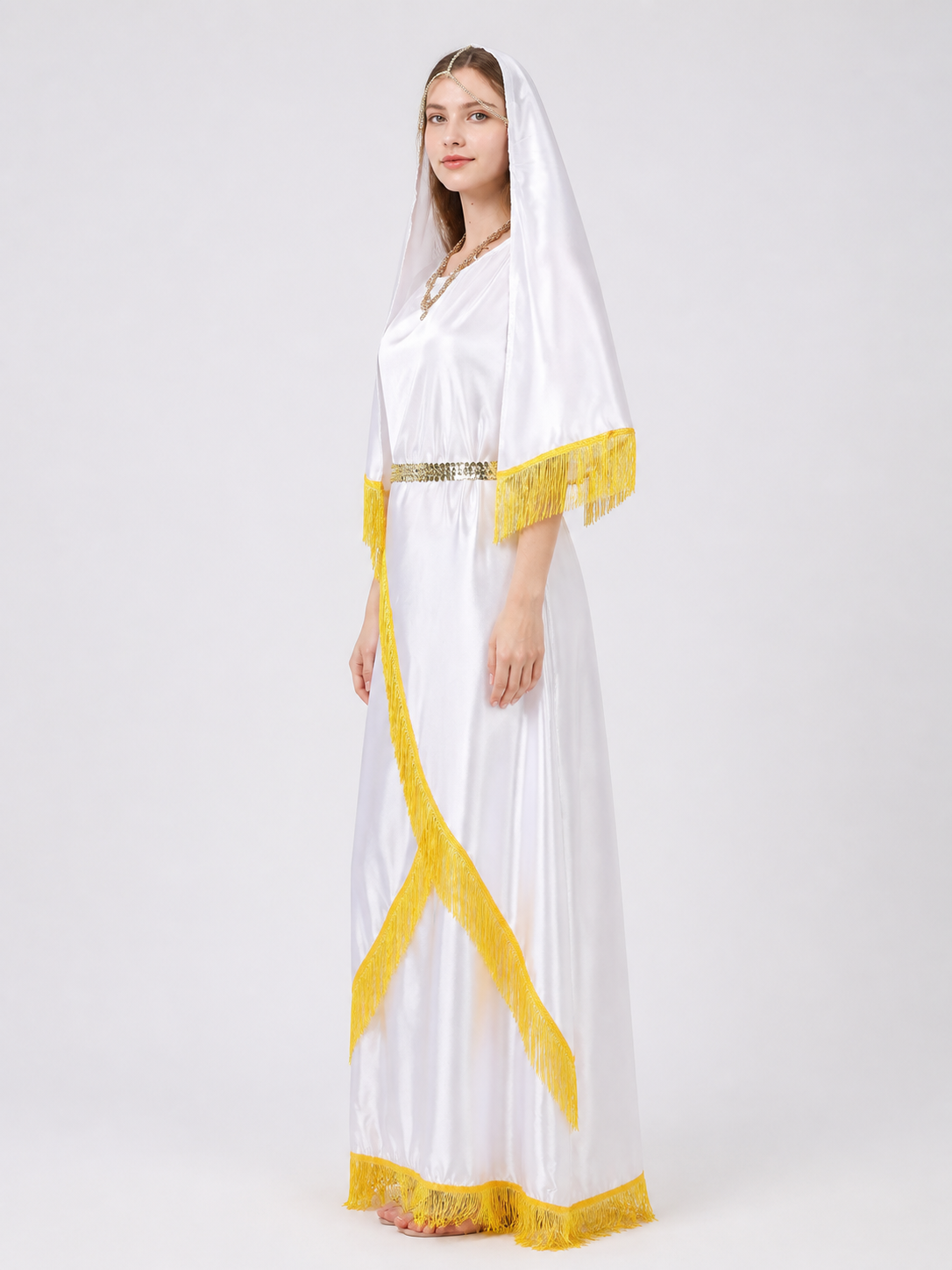 Ceremonial Robe with White Veil and Gold Fringe side view