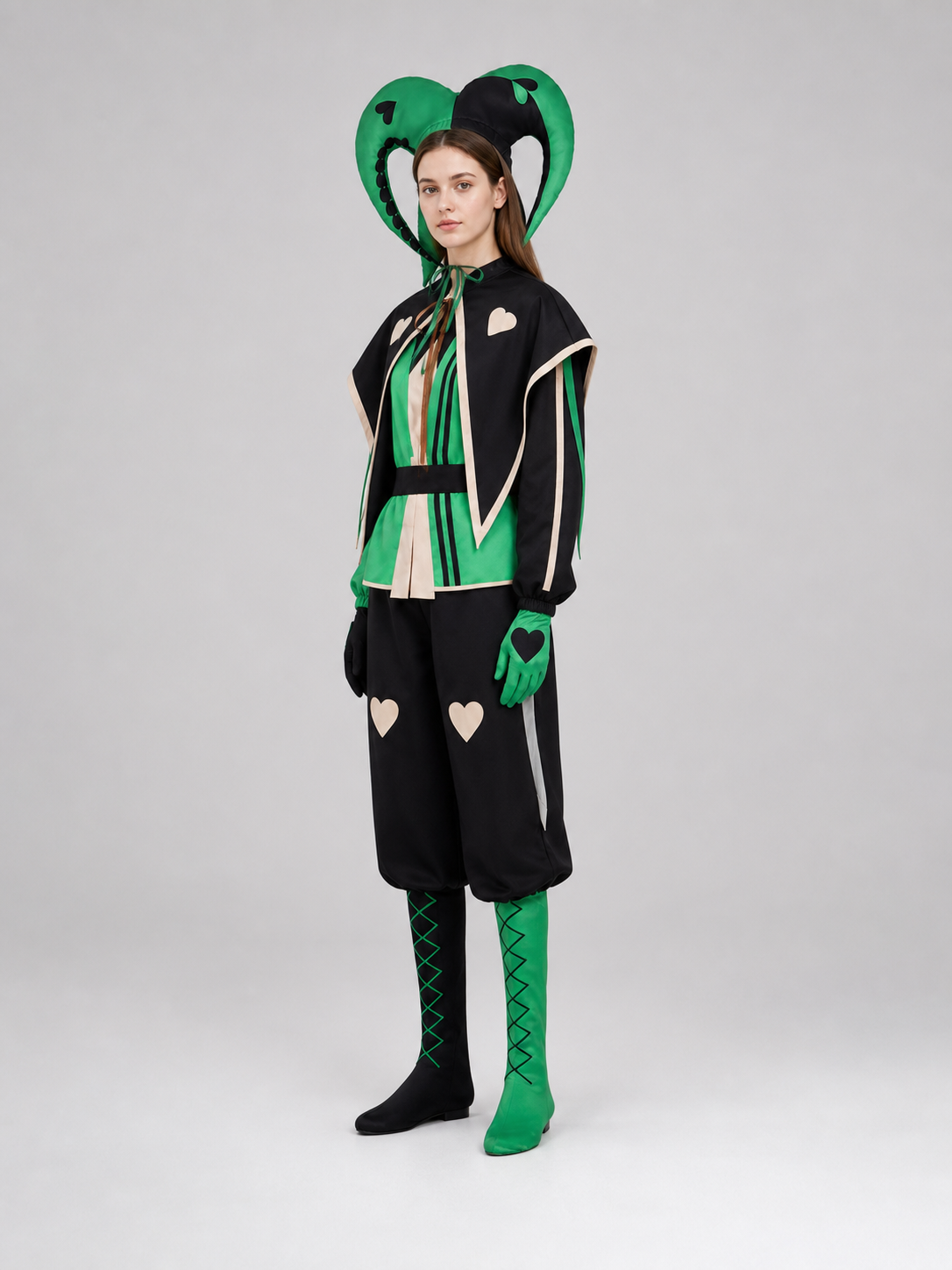 Theatrical jester-clown costume in a black-and-green style for cosplay. The set