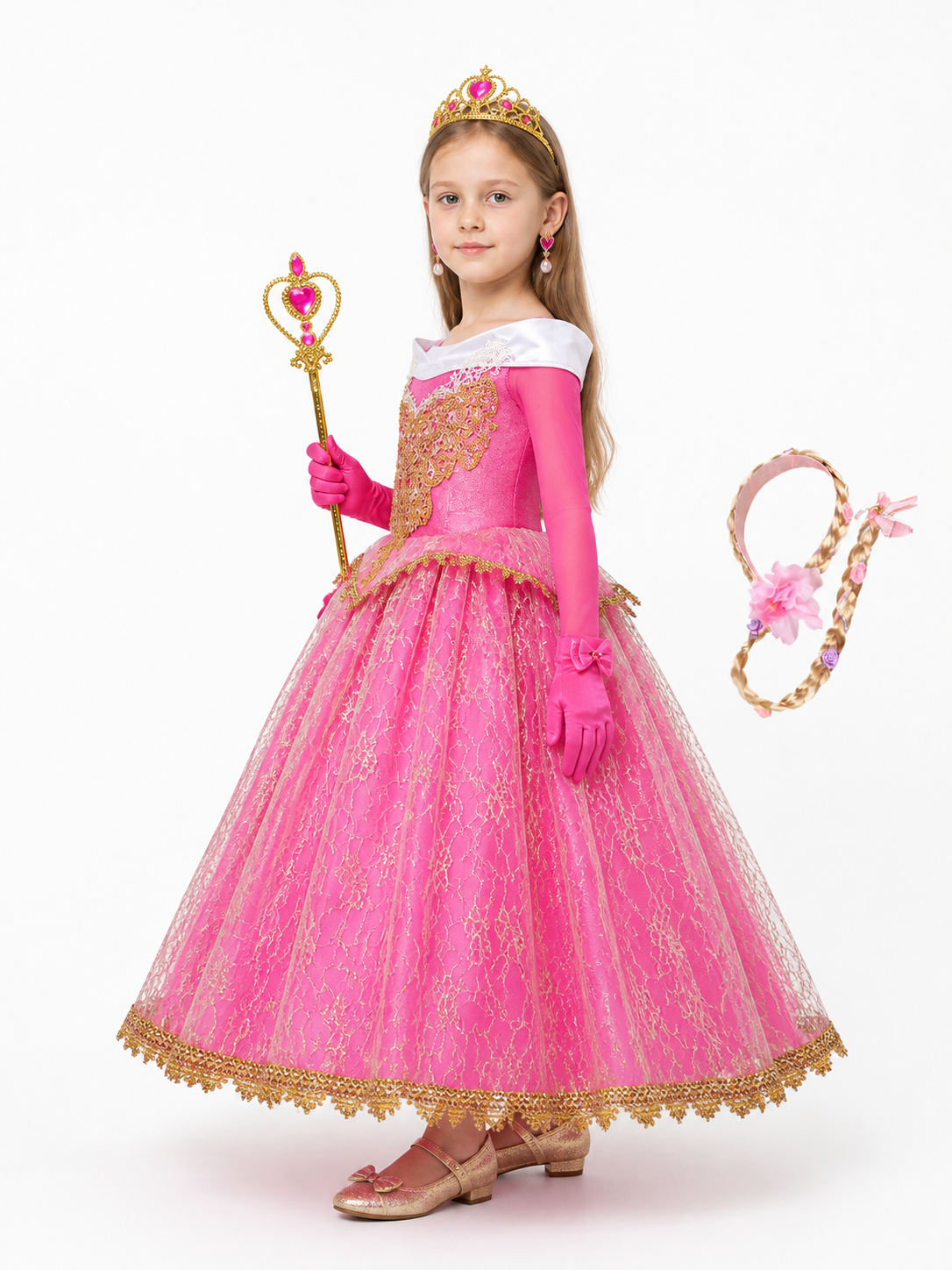 Aurora Princess Costume with Dress and Crown for Halloween side view