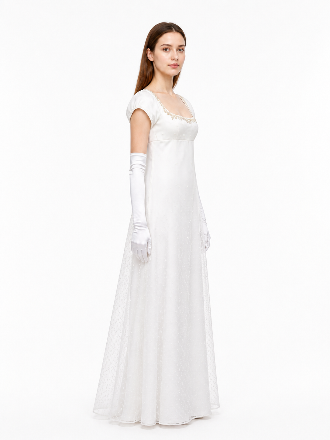 Polka-Dot Dress with a Square Neckline and Puff Sleeves side view
