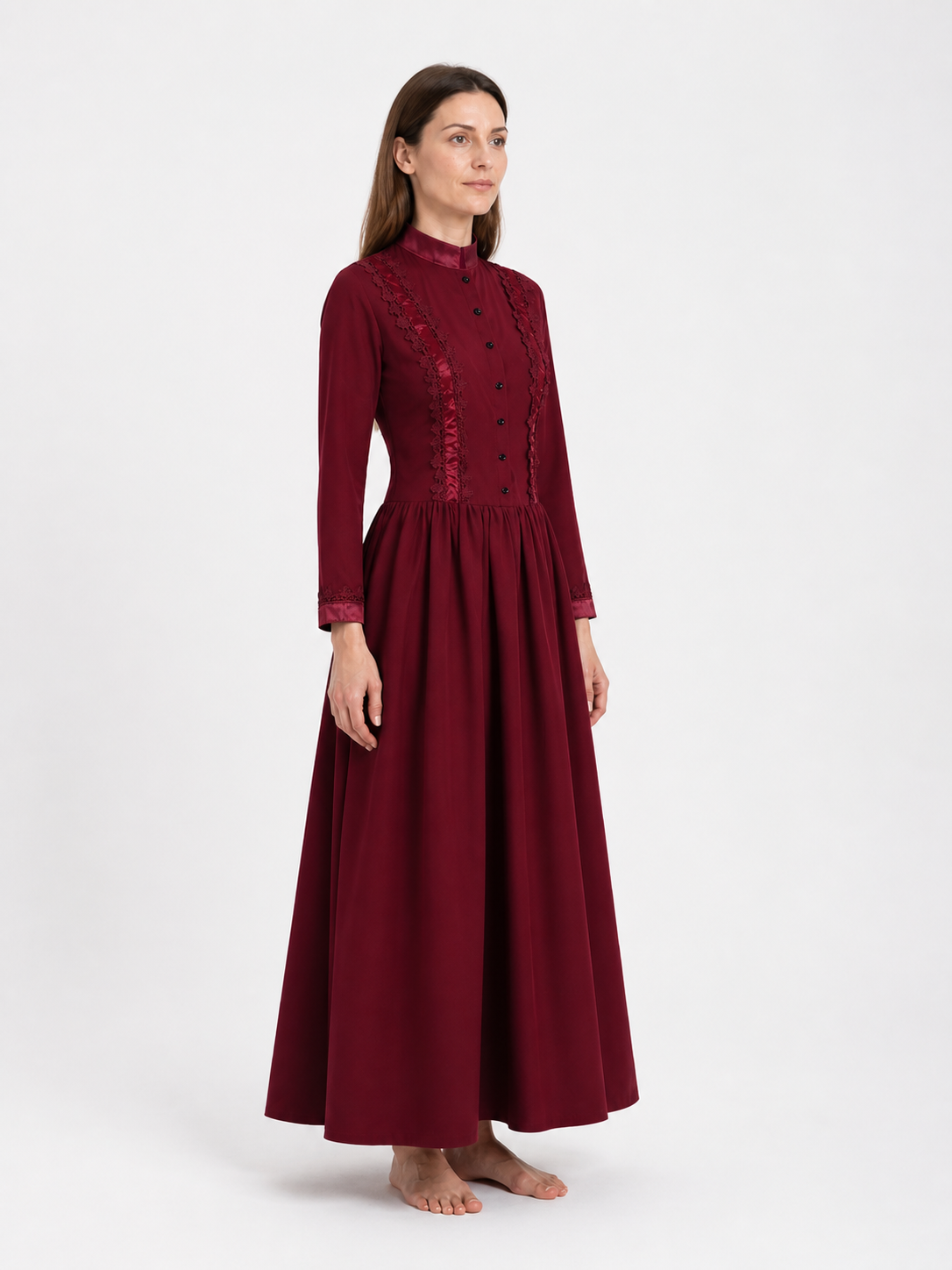 Gothic Lace Dress with High Collar, Burgundy side view