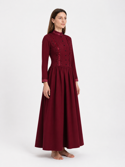 Gothic Lace Dress with High Collar, Burgundy side view