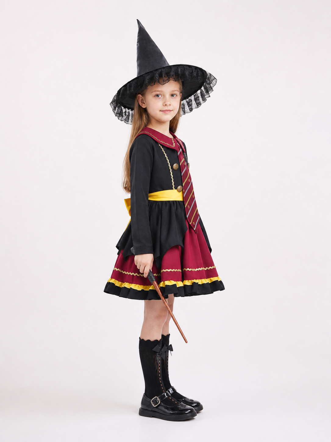Witch Costume with Layered Dress and Lace Hat