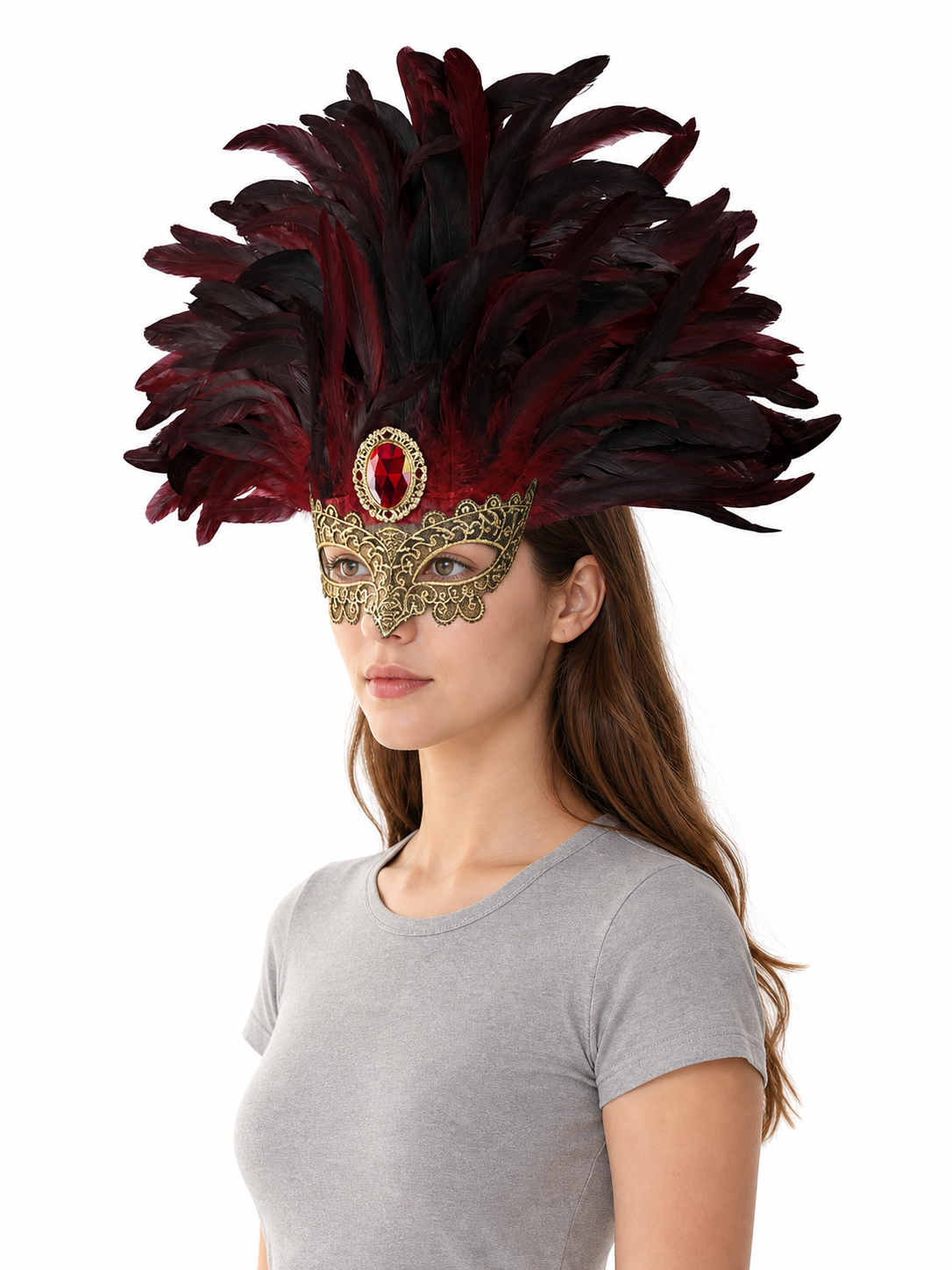 Burgundy and Black Feather Mask Headpiece product view 17