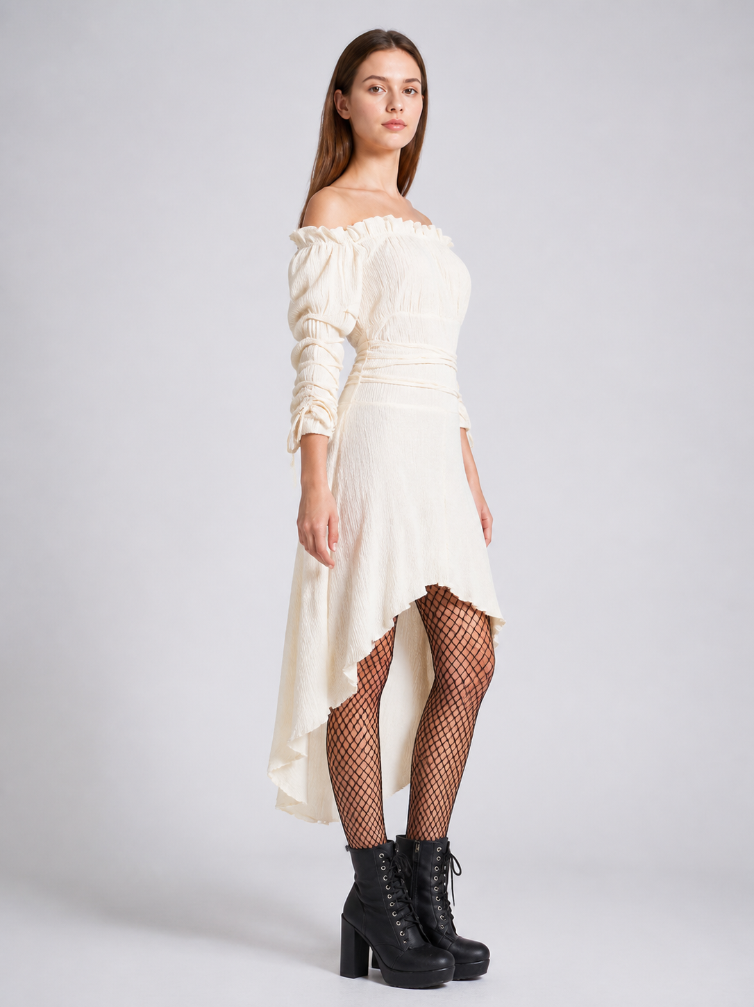 Long Dress with Off-the-Shoulder Neckline and Asymmetrical Hem side view