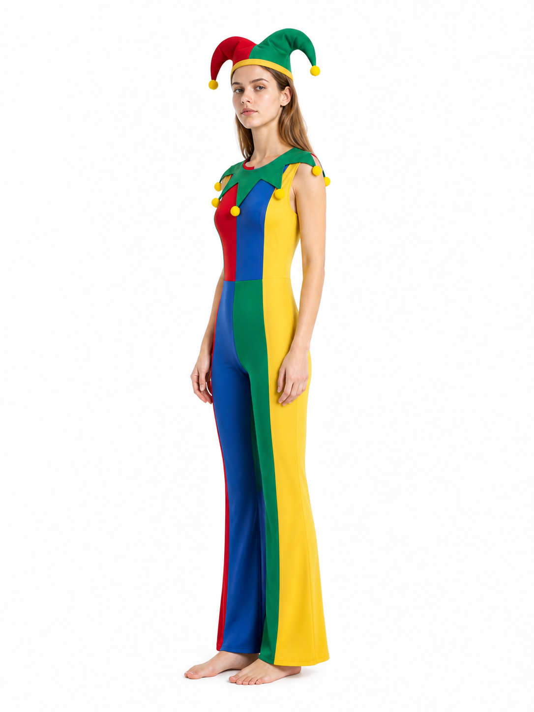 Clown Costume, Multicolored Jumpsuit with Hat side view