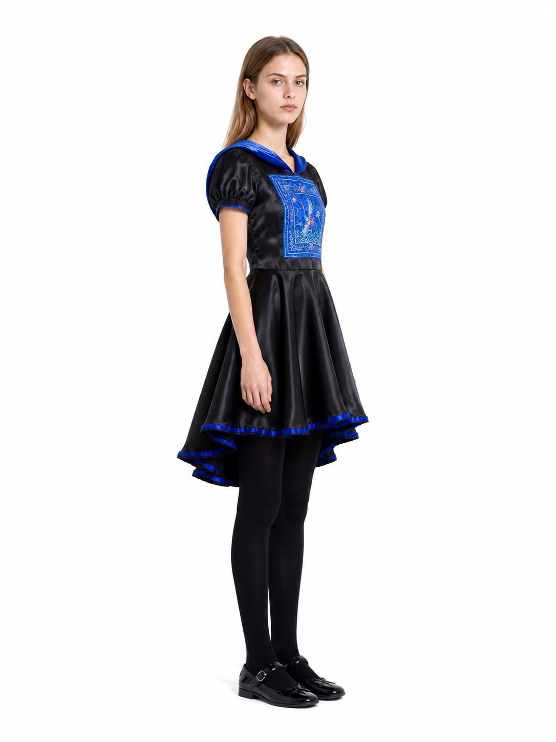 Halloween dress with a tiered skirt and blue decoration side view