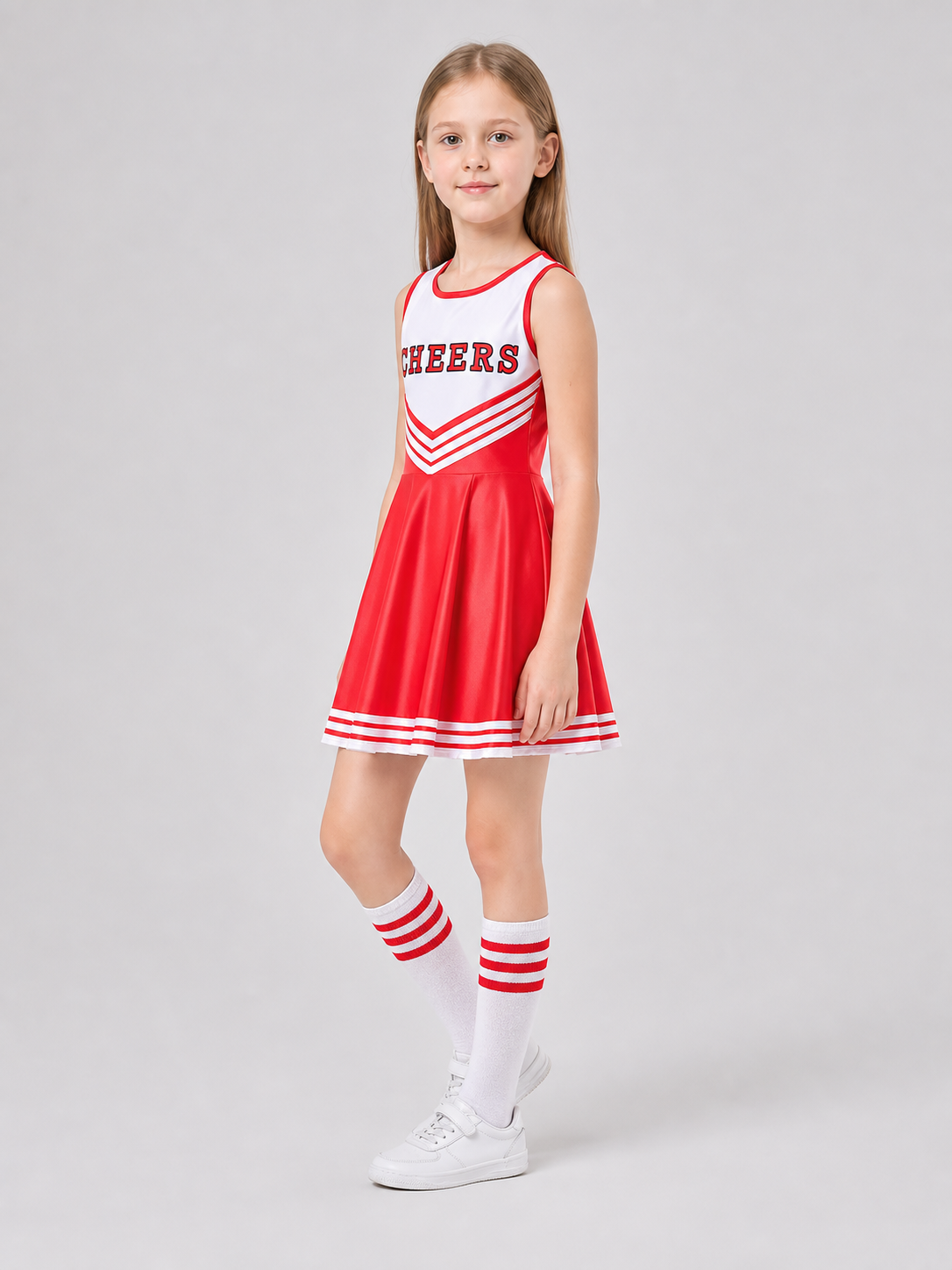 Cheerleading Costume: Dress, Leg Warmers, and Pom-Poms