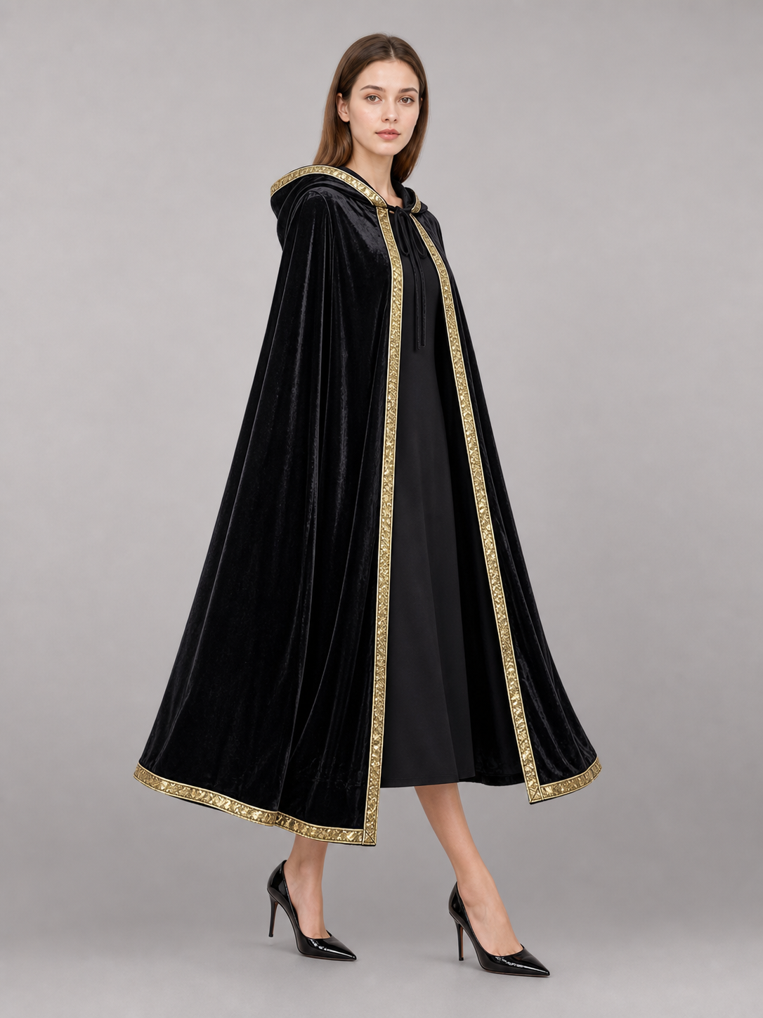 Black Carnival Cloak with Hood and Gold Trim
