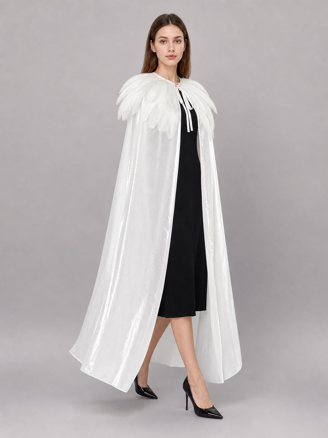 White Velvet Cape with Feather Trim, Maxi