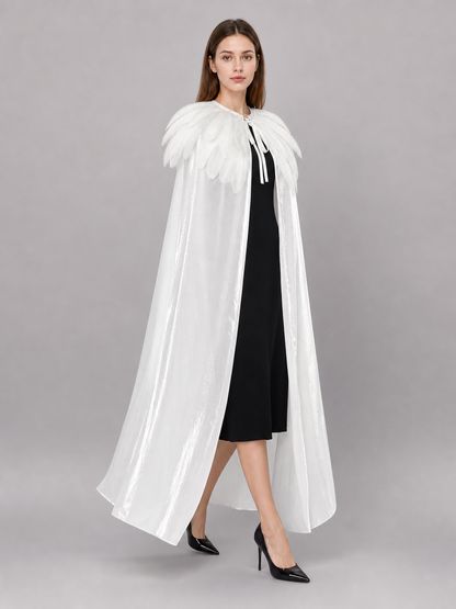 White Velvet Cape with Feather Trim, Maxi