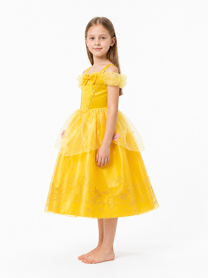 Children's Costume Dress with Floral Embroidery and Bow side view