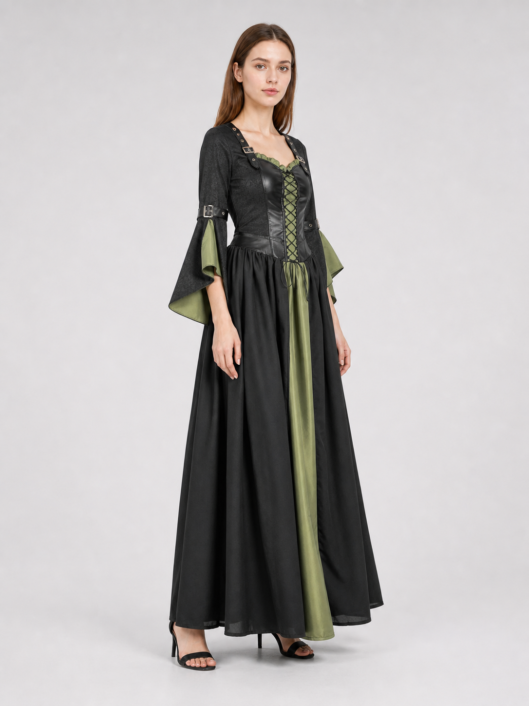 Long Witch-Style Dress with Sleeves and Lace-Up Detail