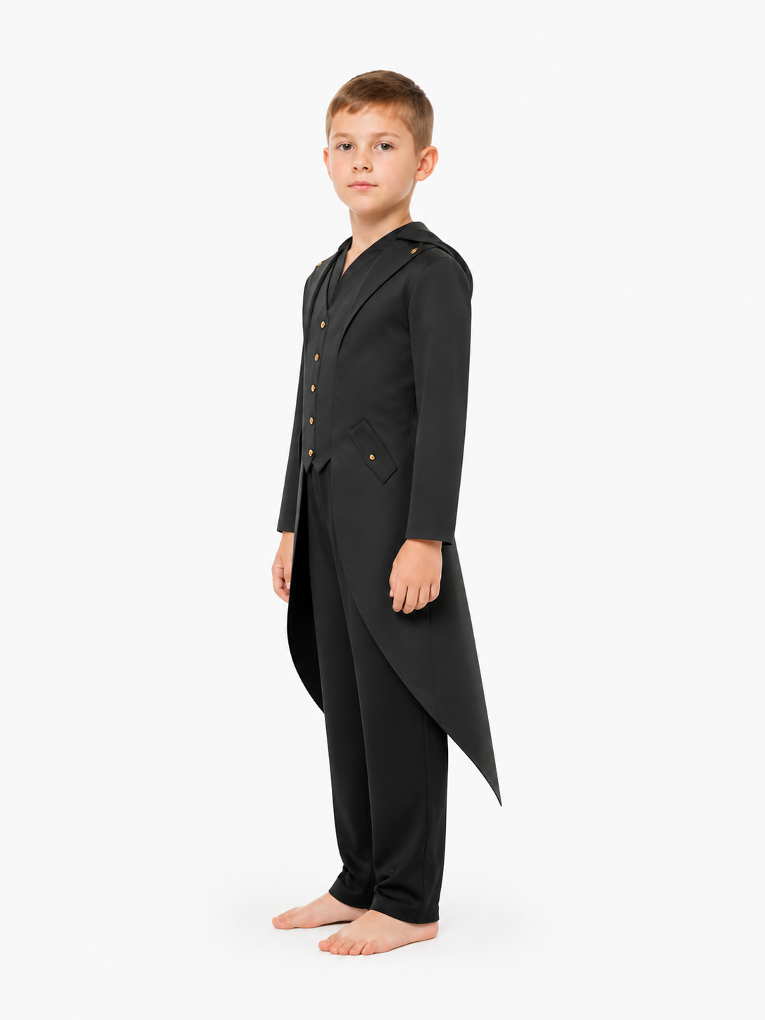 Tailcoat with long tails, lapels, and slanted pockets side view