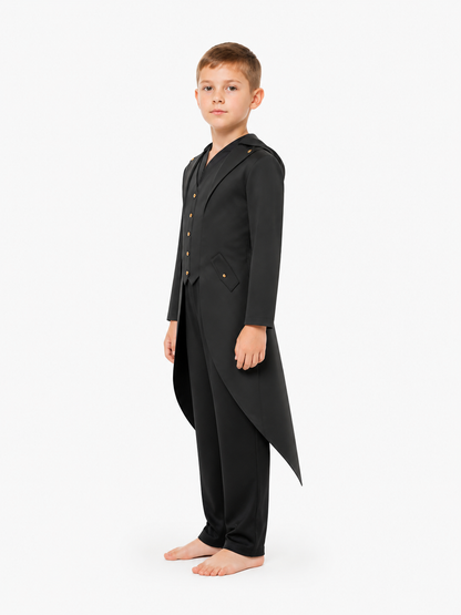 Tailcoat with long tails, lapels, and slanted pockets side view