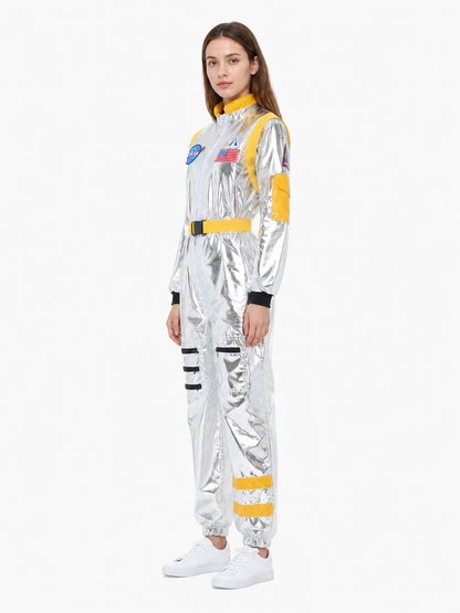 Silver Astronaut Jumpsuit with Patches side view