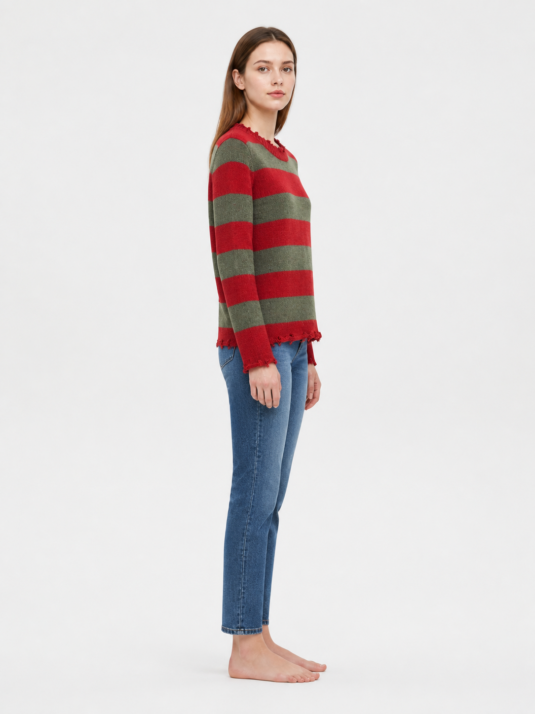 Striped Sweater with Raw Edges, Red and Green