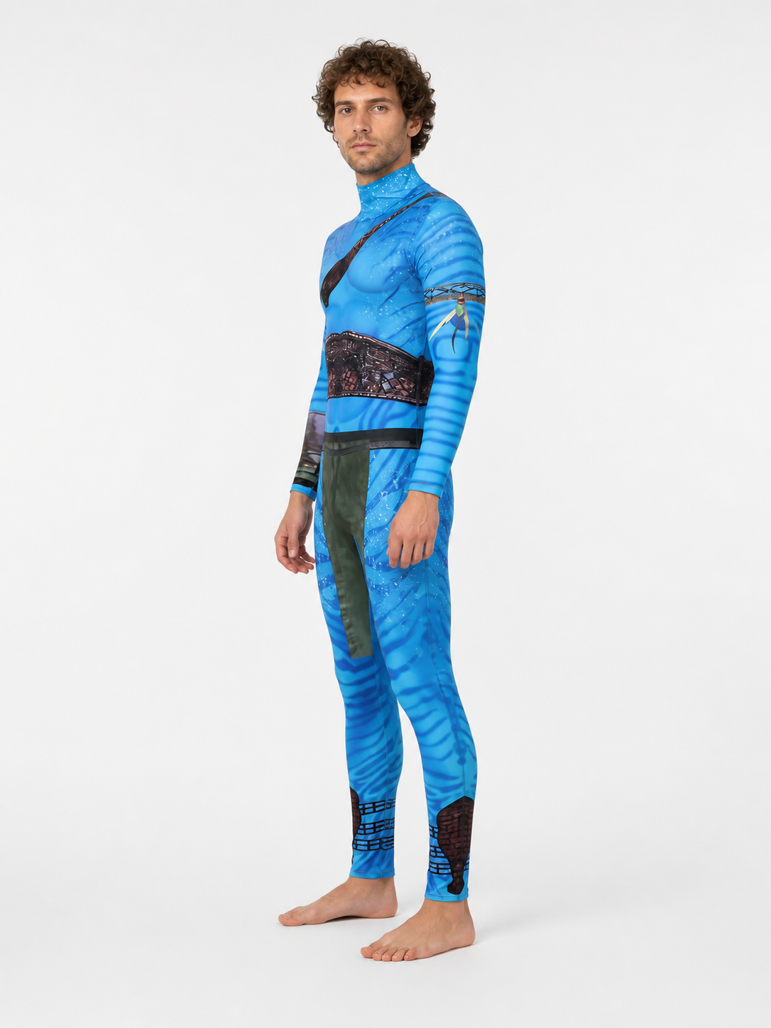 Avatar 3 Cosplay Jumpsuit, Blue, High Collar side view